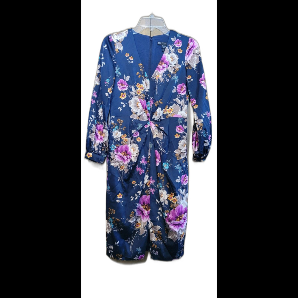 Maggy London Petites Navy Floral Long Sleeve Knee Length Dress - US 6P